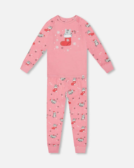 Organic Cotton Two-Piece Pajamas Pink Cat Print | Deux par Deux | Jenni Kidz