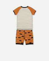 Organic Cotton Two Piece Short Pajama Set Caramel Printed Rhinoceros | Deux par Deux | Jenni Kidz