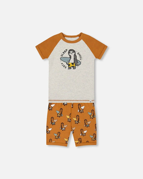 Organic Cotton Two-Piece Short Pajama Set Sloths On Tan And Mottled Background | Deux par Deux | Jenni Kidz