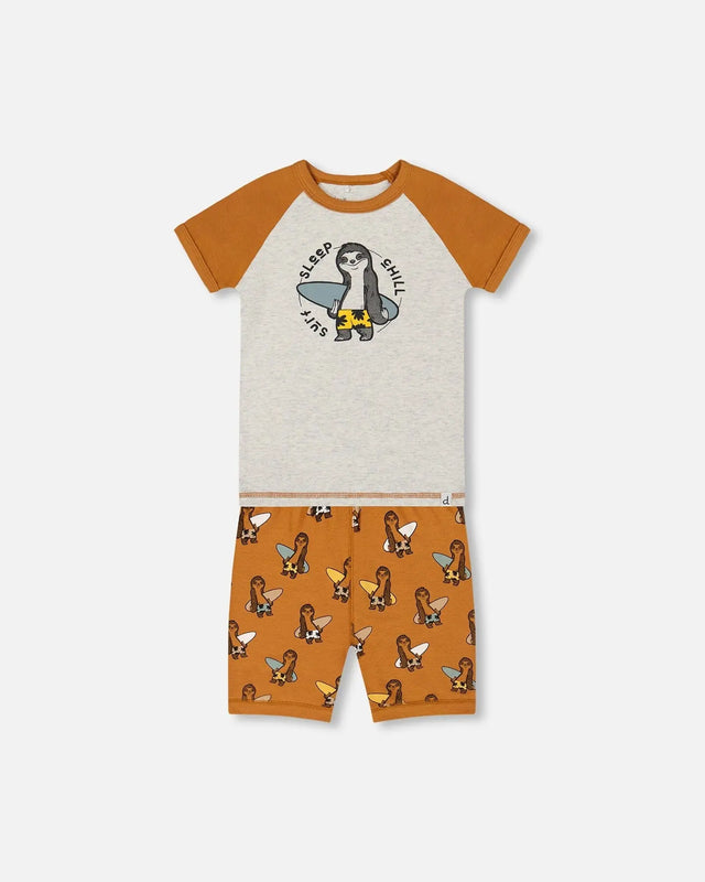 Organic Cotton Two-Piece Short Pajama Set Sloths On Tan And Mottled Background | Deux par Deux | Jenni Kidz