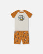 Organic Cotton Two-Piece Short Pajama Set Sloths On Tan And Mottled Background | Deux par Deux | Jenni Kidz