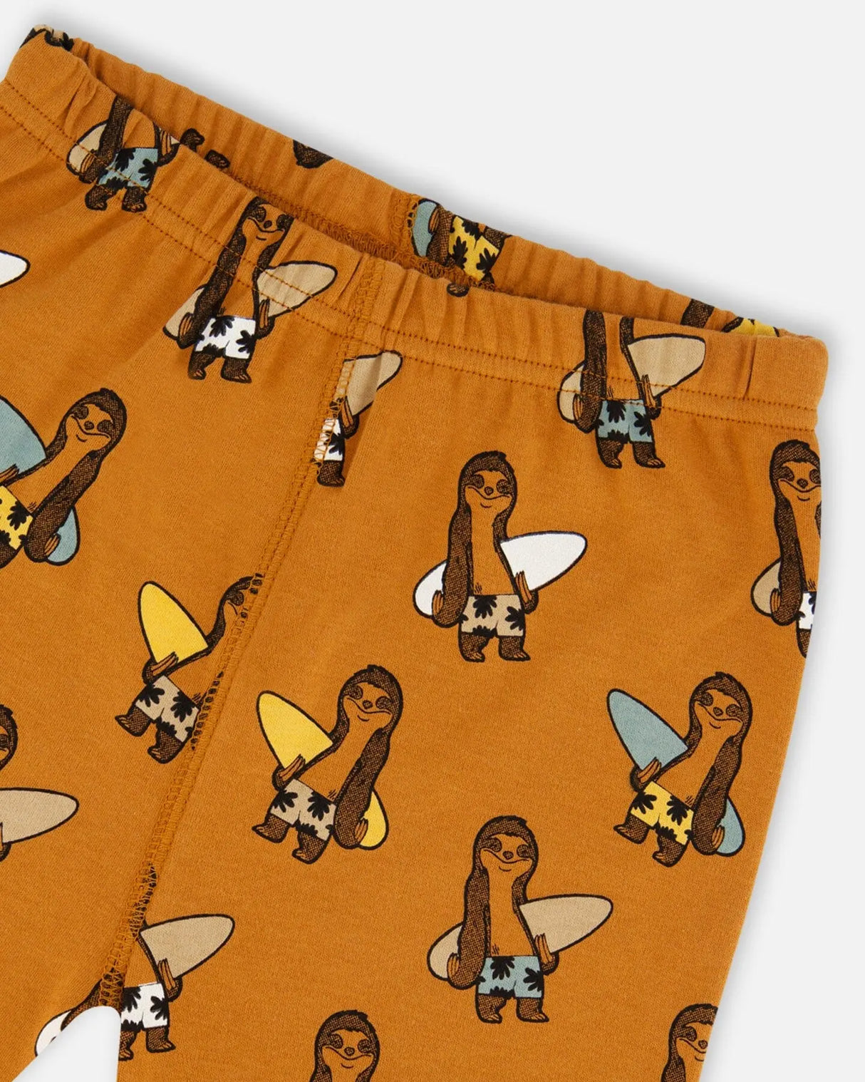 Organic Cotton Two-Piece Short Pajama Set Sloths On Tan And Mottled Background | Deux par Deux | Jenni Kidz