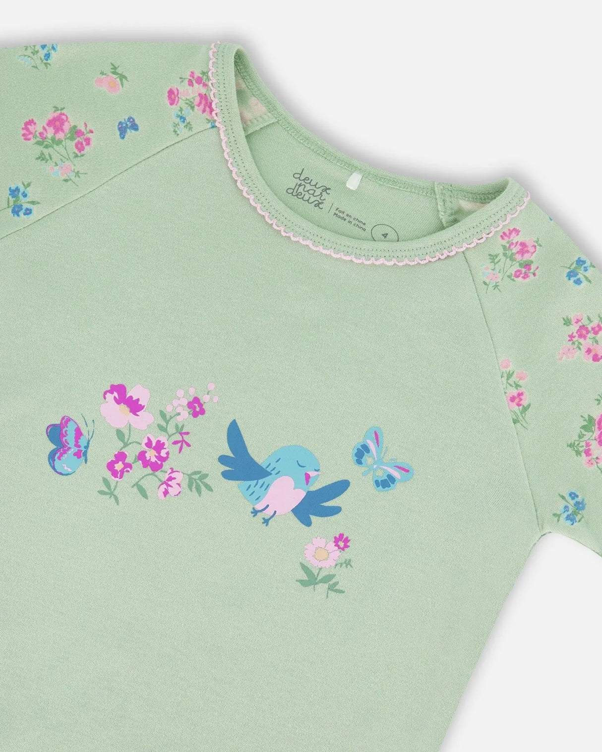 Organic Cotton Two-Piece Short Pajama Set Small Pink And Blue Flowers On Light Sage | Deux par Deux | Jenni Kidz