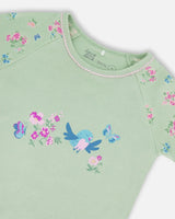 Organic Cotton Two-Piece Short Pajama Set Small Pink And Blue Flowers On Light Sage | Deux par Deux | Jenni Kidz