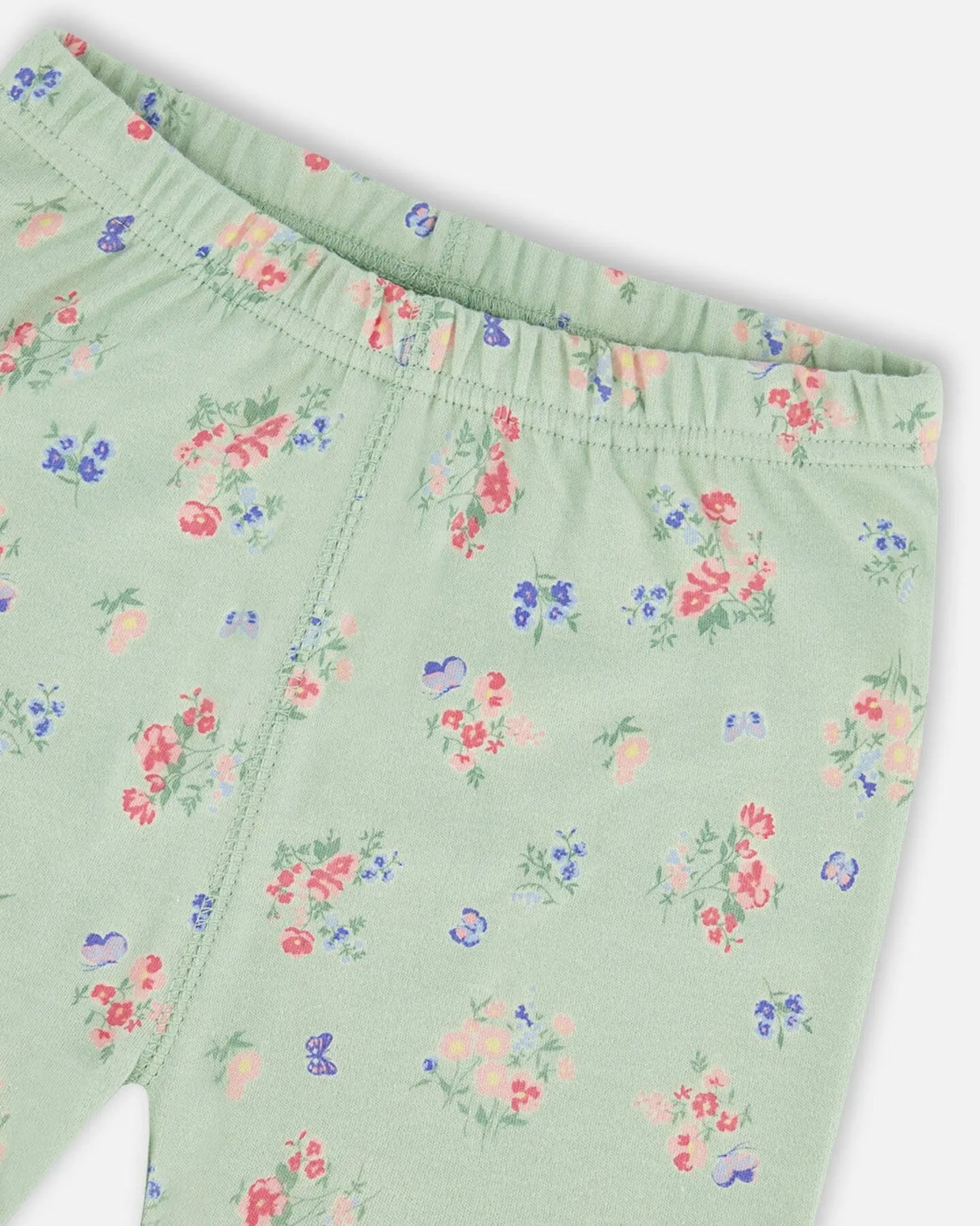 Organic Cotton Two-Piece Short Pajama Set Small Pink And Blue Flowers On Light Sage | Deux par Deux | Jenni Kidz