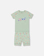 Organic Cotton Two-Piece Short Pajama Set Small Pink And Blue Flowers On Light Sage | Deux par Deux | Jenni Kidz