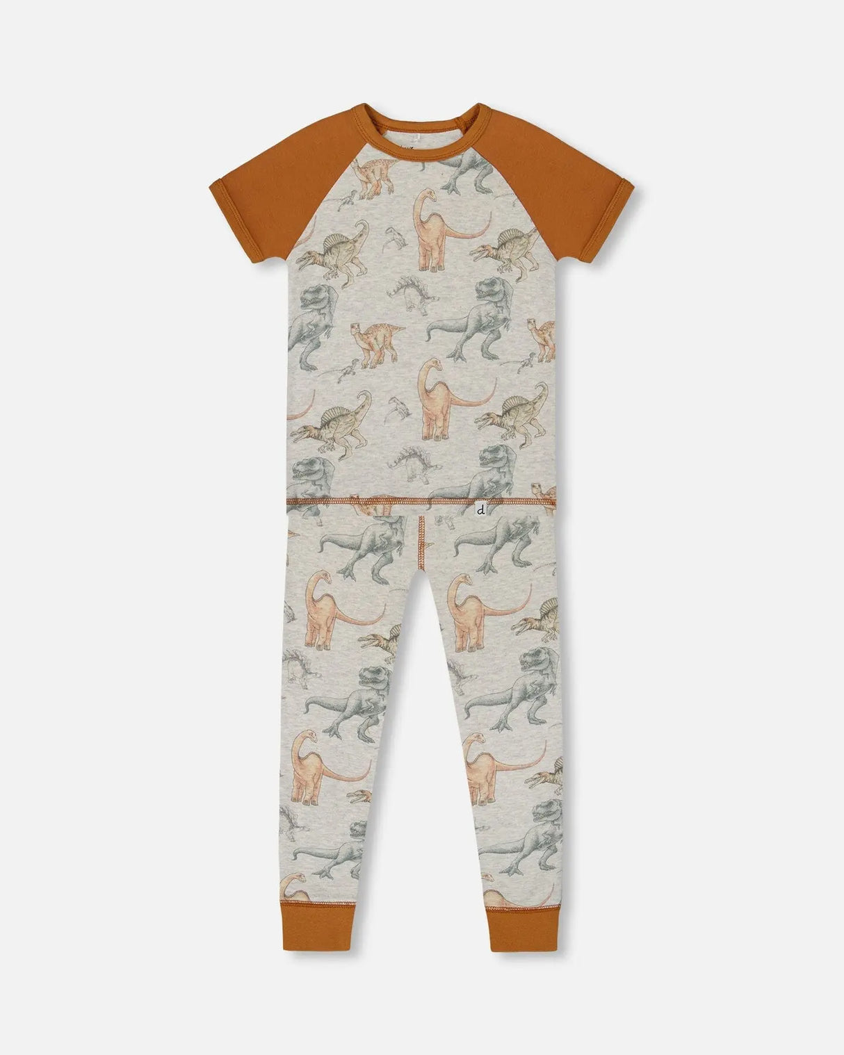 Organic Cotton Two-Piece Short Sleeve Top And Pant Pajama Set Dinosaur On Mottled And Tan Background | Deux par Deux | Jenni Kidz