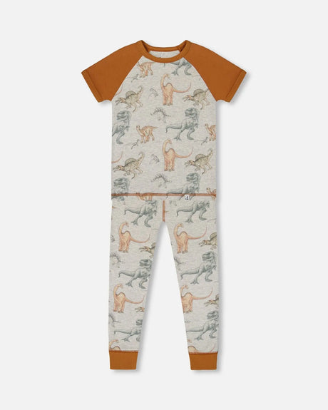 Organic Cotton Two-Piece Short Sleeve Top And Pant Pajama Set Dinosaur On Mottled And Tan Background | Deux par Deux | Jenni Kidz