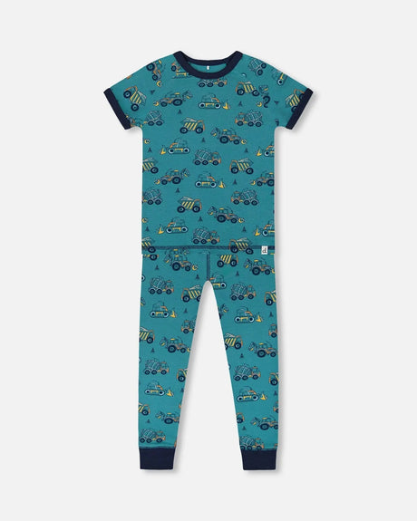 Organic Cotton Two-Piece Short Sleeve Top And Pant Pajama Set Teal With Yellow Truck | Deux par Deux | Jenni Kidz