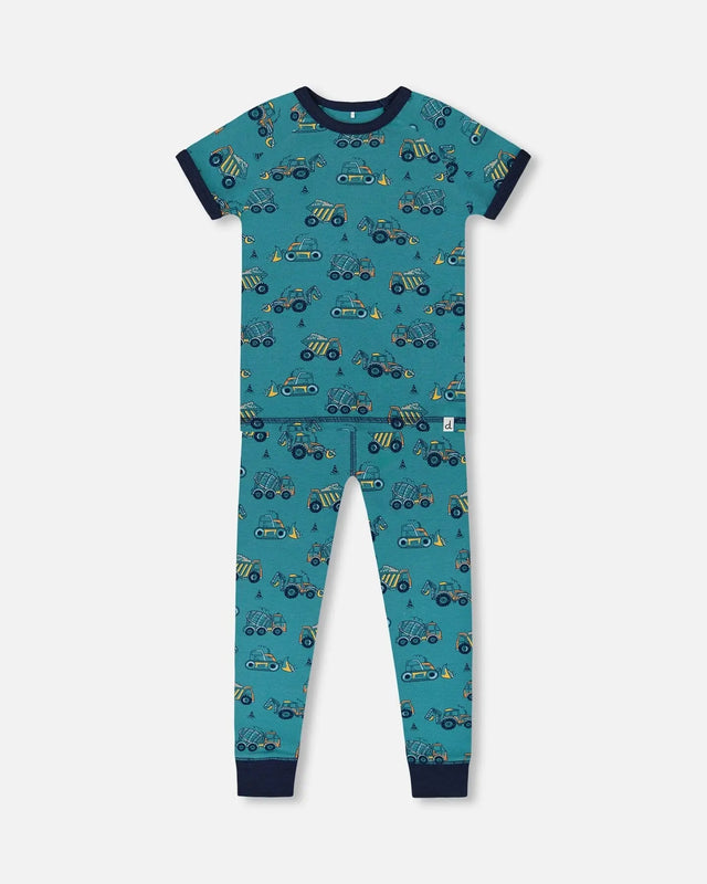 Organic Cotton Two-Piece Short Sleeve Top And Pant Pajama Set Teal With Yellow Truck | Deux par Deux | Jenni Kidz