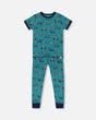 Organic Cotton Two-Piece Short Sleeve Top And Pant Pajama Set Teal With Yellow Truck | Deux par Deux | Jenni Kidz