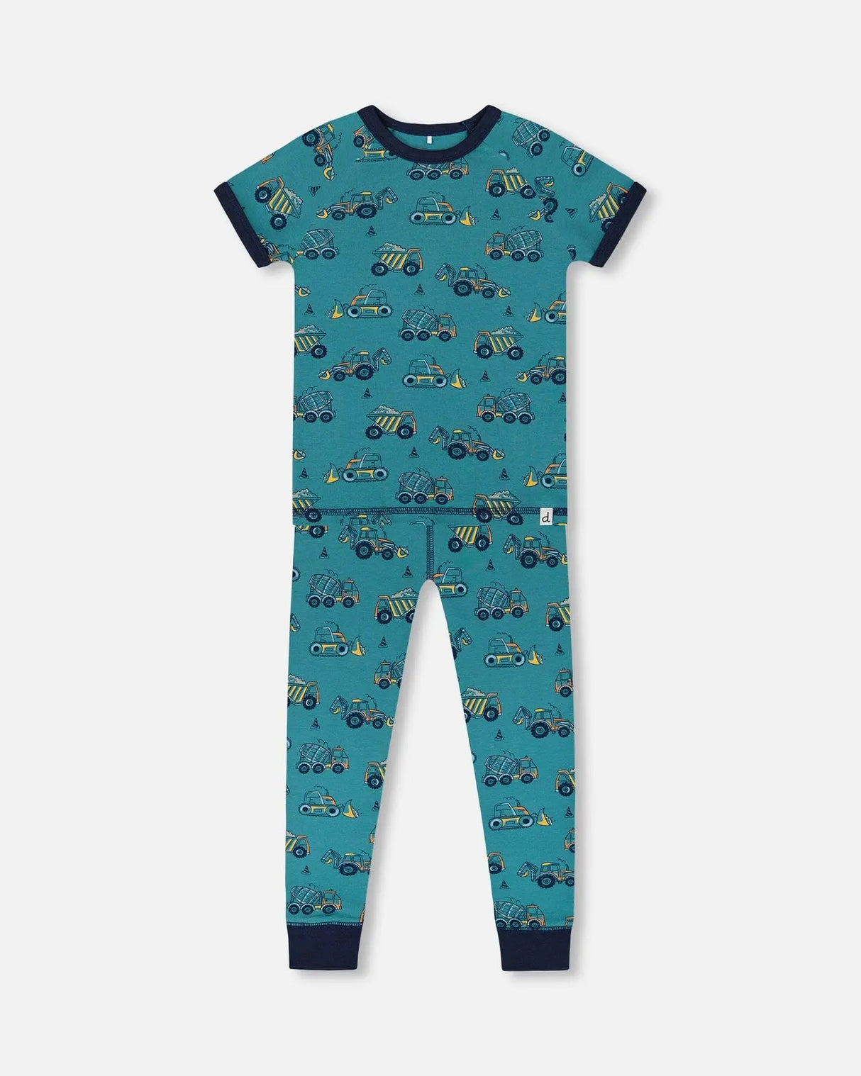 Organic Cotton Two-Piece Short Sleeve Top And Pant Pajama Set Teal With Yellow Truck | Deux par Deux | Jenni Kidz