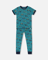 Organic Cotton Two-Piece Short Sleeve Top And Pant Pajama Set Teal With Yellow Truck | Deux par Deux | Jenni Kidz