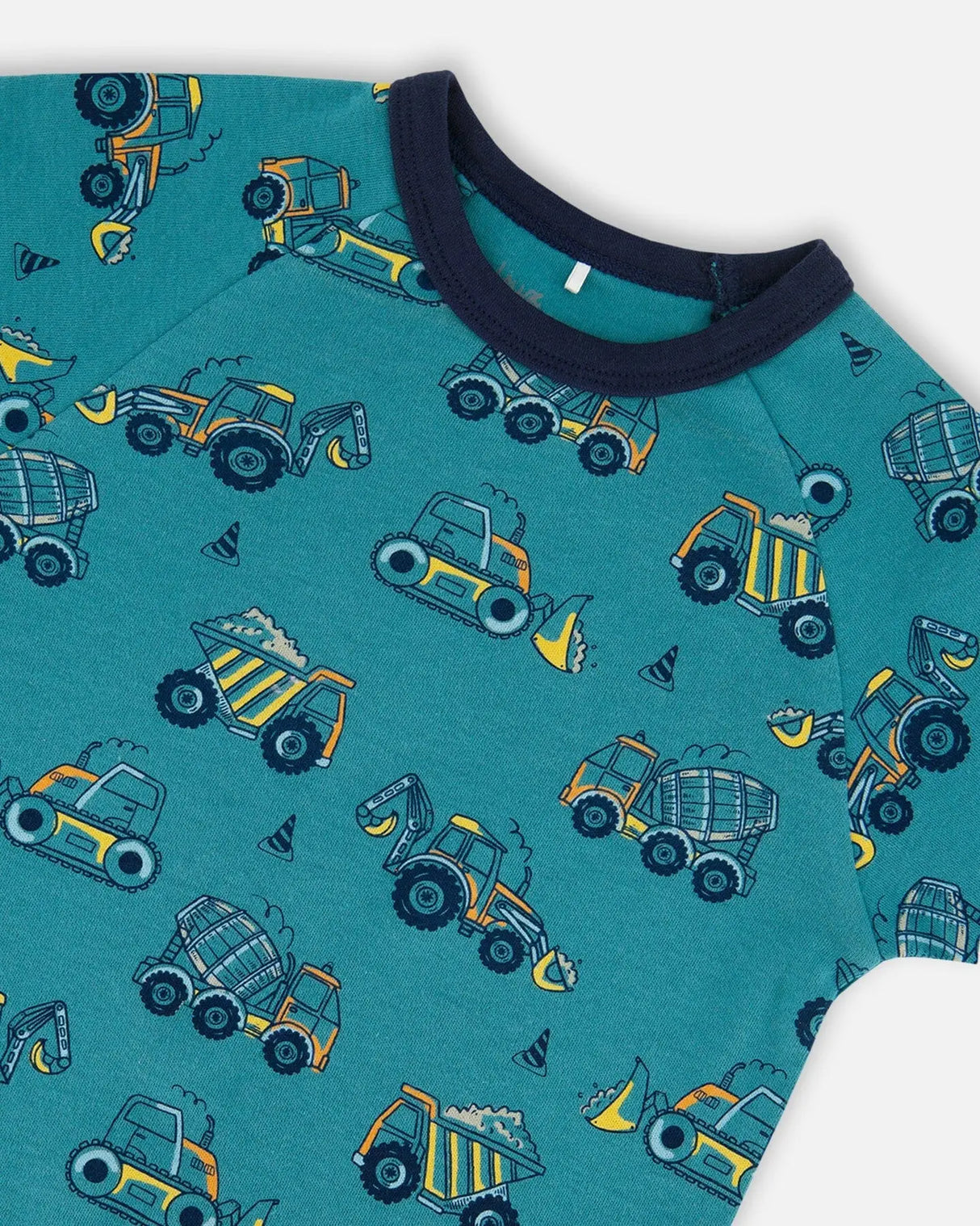 Organic Cotton Two-Piece Short Sleeve Top And Pant Pajama Set Teal With Yellow Truck | Deux par Deux | Jenni Kidz