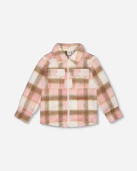 Overshirt Wool-Effect With Pockets Plaid Pink, Nougat And Off White | Deux par Deux | Jenni Kidz