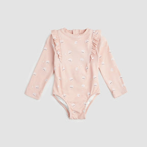 Miles The Label baby girls and girls Pink pearl shell long-sleeve swimsuit with UPF 50+ and shoulder frills.