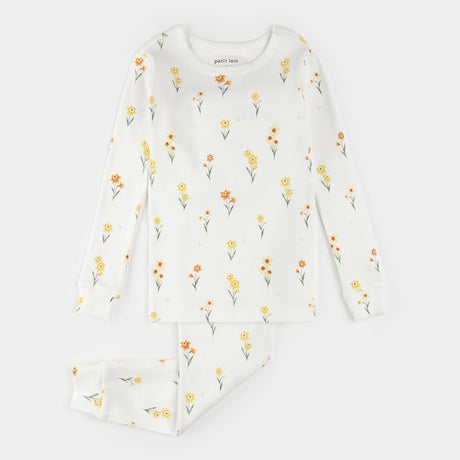 Petit Lem kids daffodil print pajama set off-white organic cotton