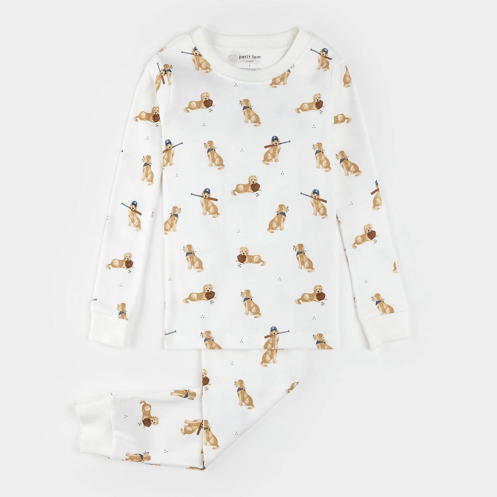 Petit Lem kids golden retriever print pajama set off-white organic cotton