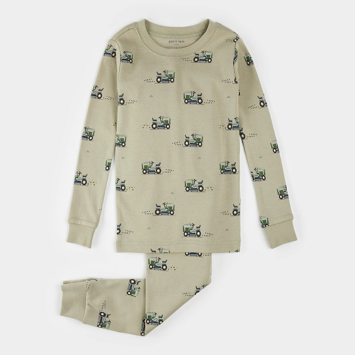Petit Lem kids lawnmower print pajama set tea green organic cotton