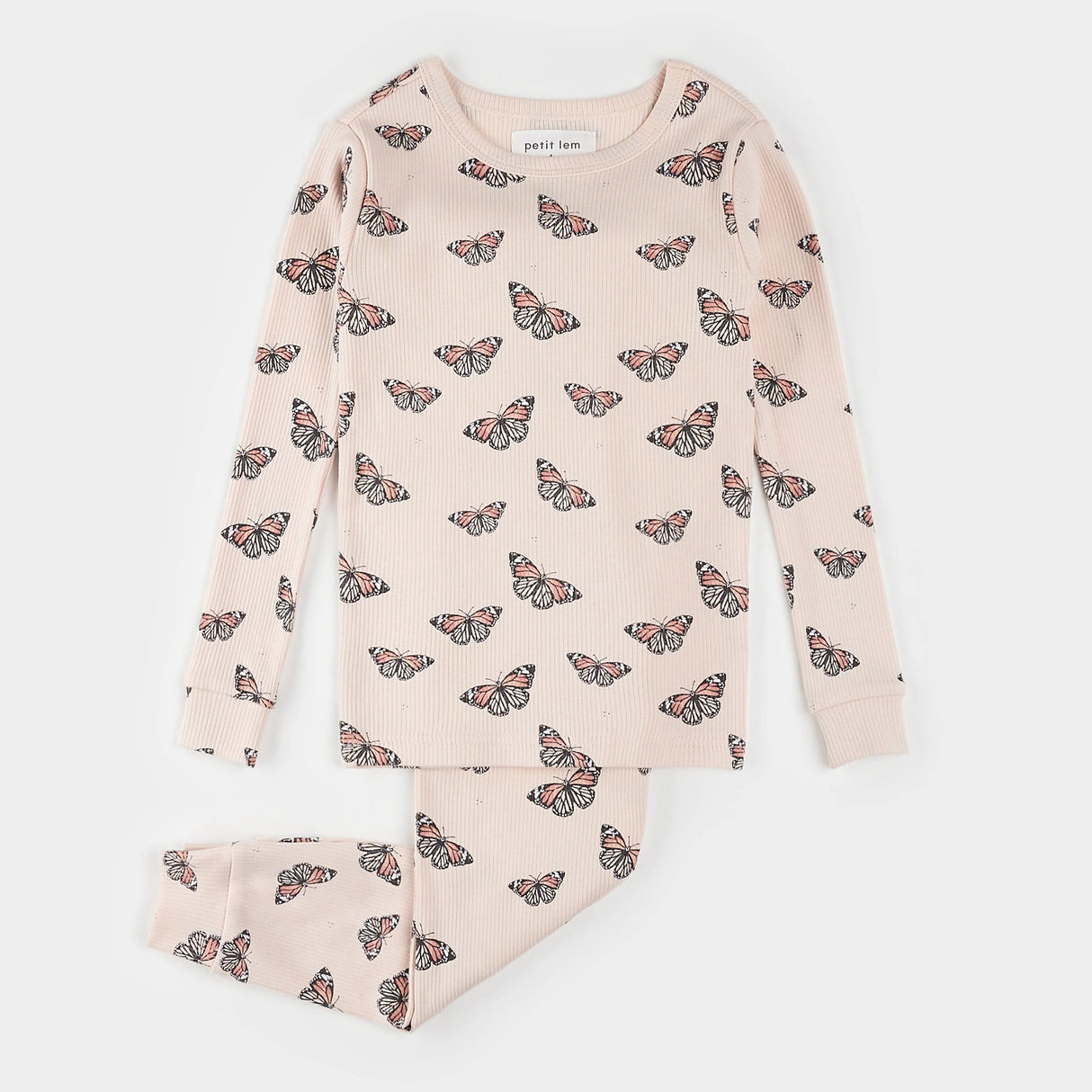 Petit Lem kids monarch butterfly print pajama set cherry blossom pink organic cotton