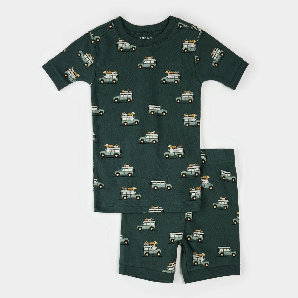 Petit Lem kids safari jeep print summer pajama set organic cotton, military green