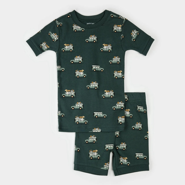Petit Lem kids safari jeep print summer pajama set organic cotton, military green