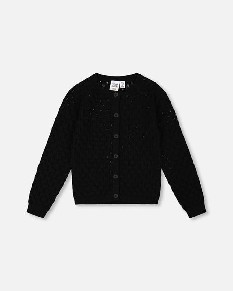 Pointelle Knit Cardigan Sweater Black | Deux par Deux | Jenni Kidz