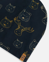 Printed Beanie Hat Beige Animals On Black Background | Deux par Deux | Jenni Kidz