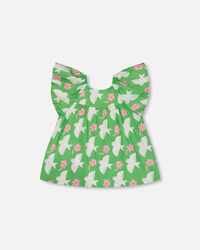 Printed Blouse With Flounce Sleeves Green With White And Pink Bird | Deux par Deux | Jenni Kidz