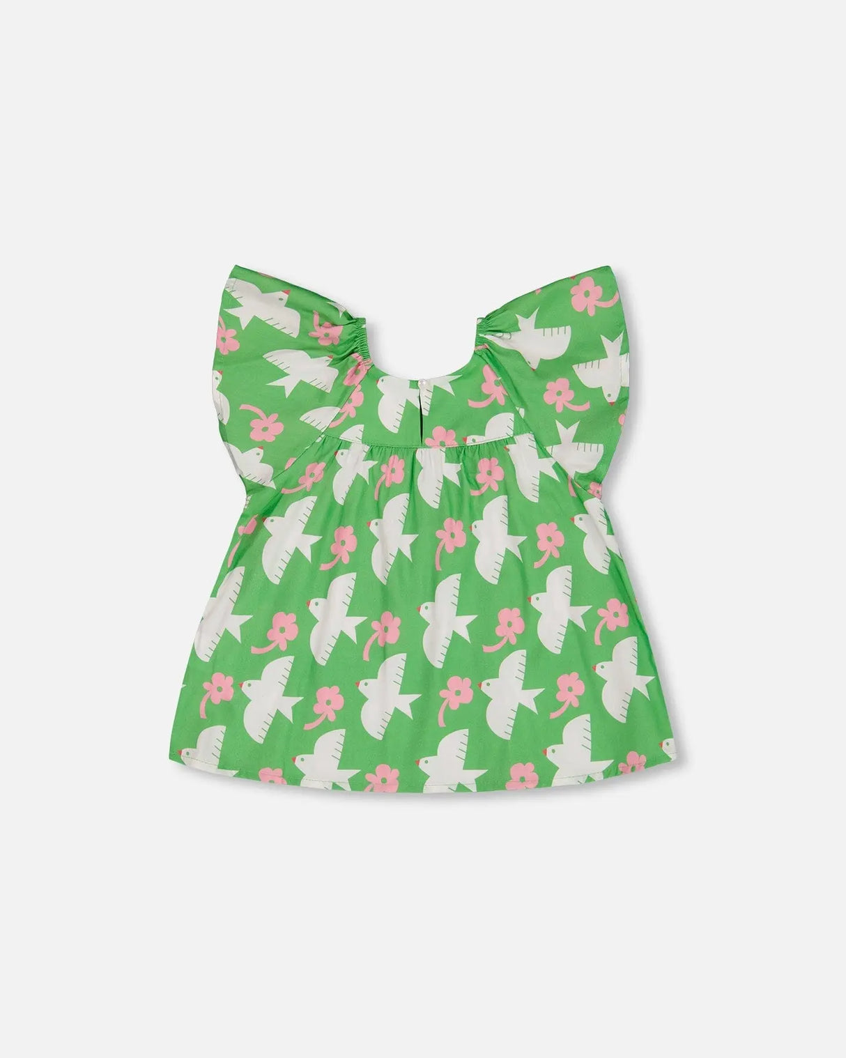 Printed Blouse With Flounce Sleeves Green With White And Pink Bird | Deux par Deux | Jenni Kidz