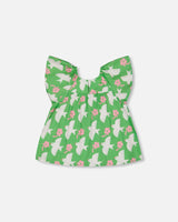 Printed Blouse With Flounce Sleeves Green With White And Pink Bird | Deux par Deux | Jenni Kidz