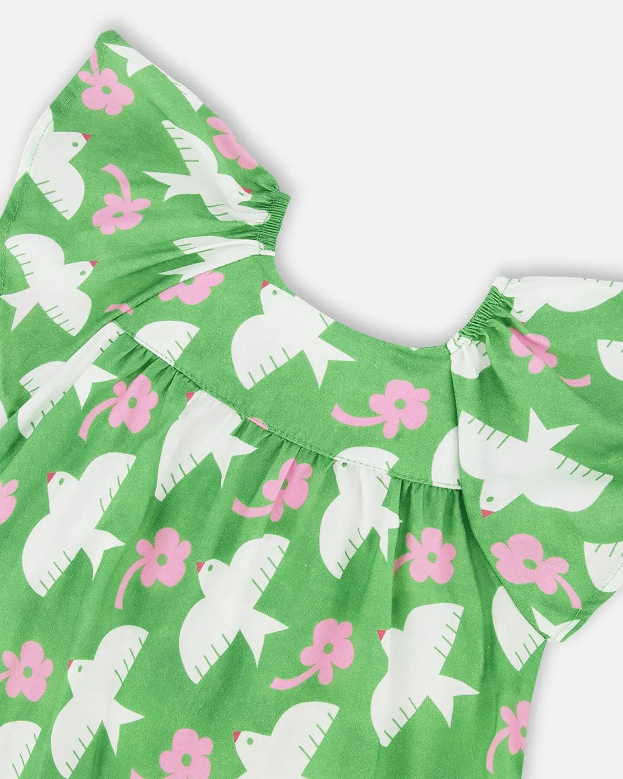 Printed Blouse With Flounce Sleeves Green With White And Pink Bird | Deux par Deux | Jenni Kidz