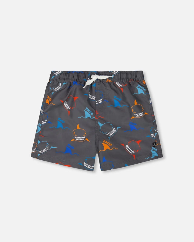 Printed Boardshorts Orange, Red, And Blue Sharks On Gray | Deux par Deux | Jenni Kidz