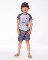 Printed Boardshorts Orange, Red, And Blue Sharks On Gray | Deux par Deux | Jenni Kidz