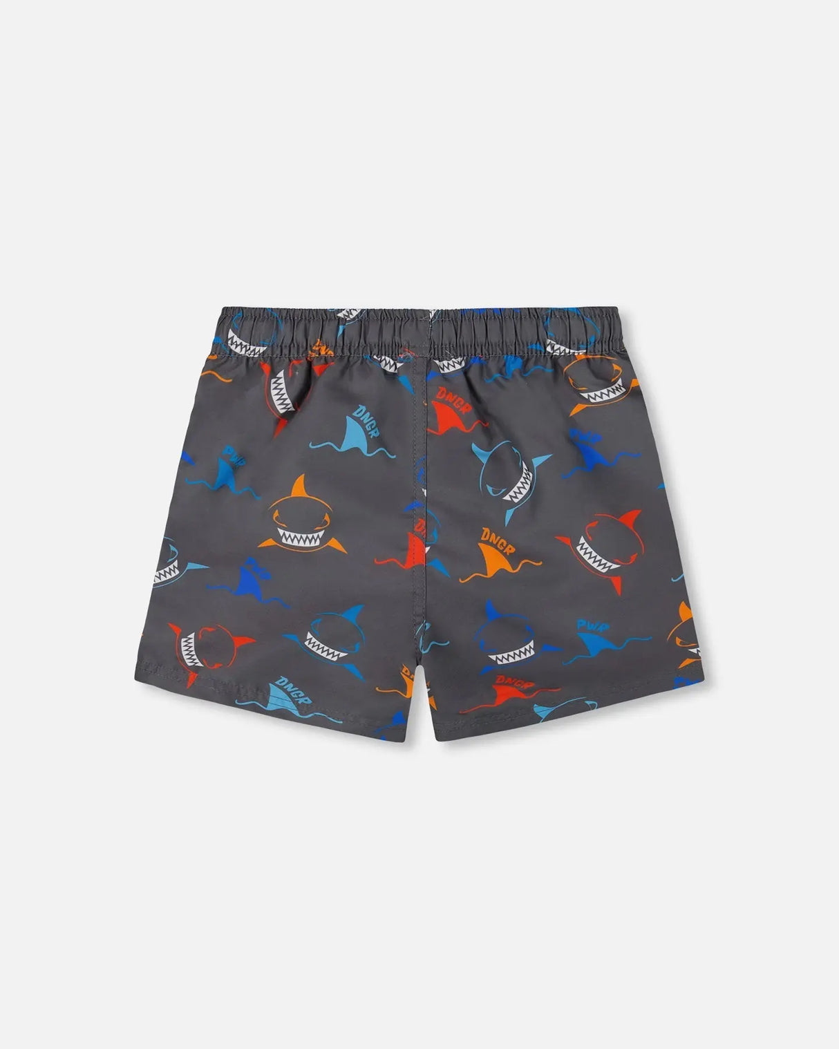 Printed Boardshorts Orange, Red, And Blue Sharks On Gray | Deux par Deux | Jenni Kidz