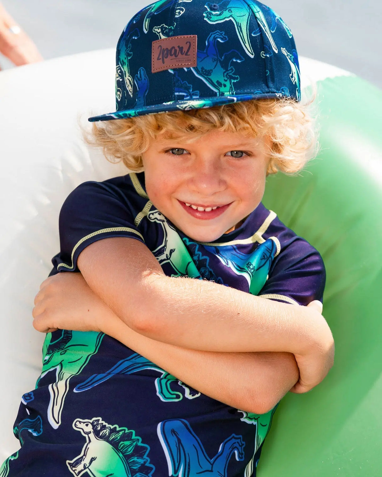 Printed Cap Blue And Green Dino On Navy | Deux par Deux | Jenni Kidz