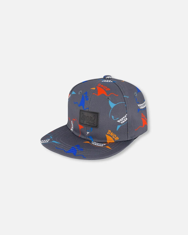 Printed Cap Orange, Red, And Blue Sharks On Gray | Deux par Deux | Jenni Kidz