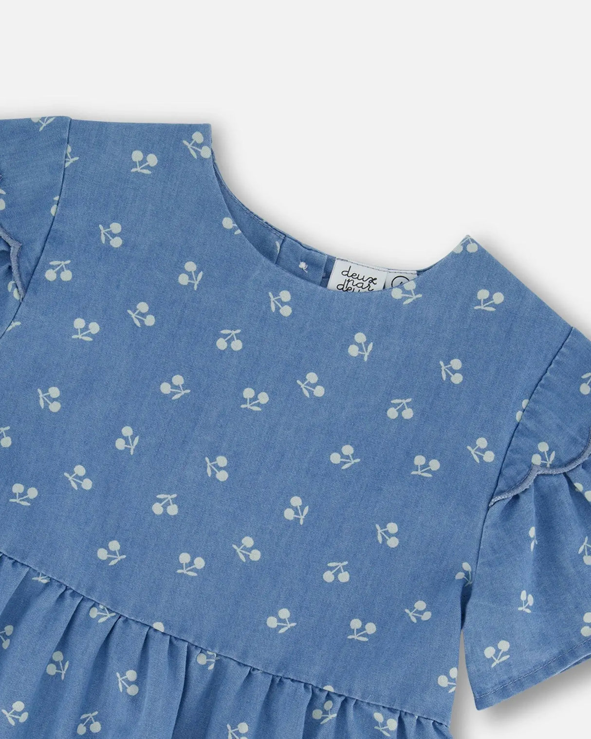 Printed Chambray Dress Blue And White Cherries | Deux par Deux | Jenni Kidz