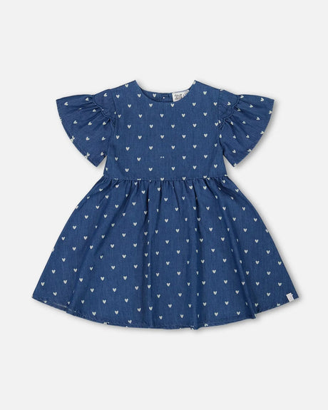 Printed Chambray Dress Navy Blue And White Hearts | Deux par Deux | Jenni Kidz