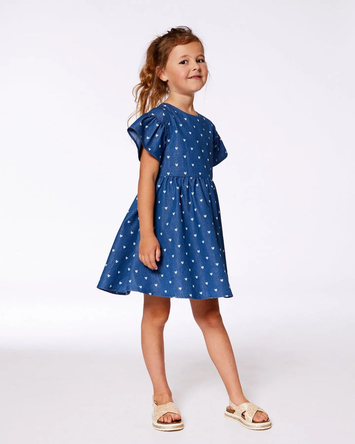 Printed Chambray Dress Navy Blue And White Hearts | Deux par Deux | Jenni Kidz