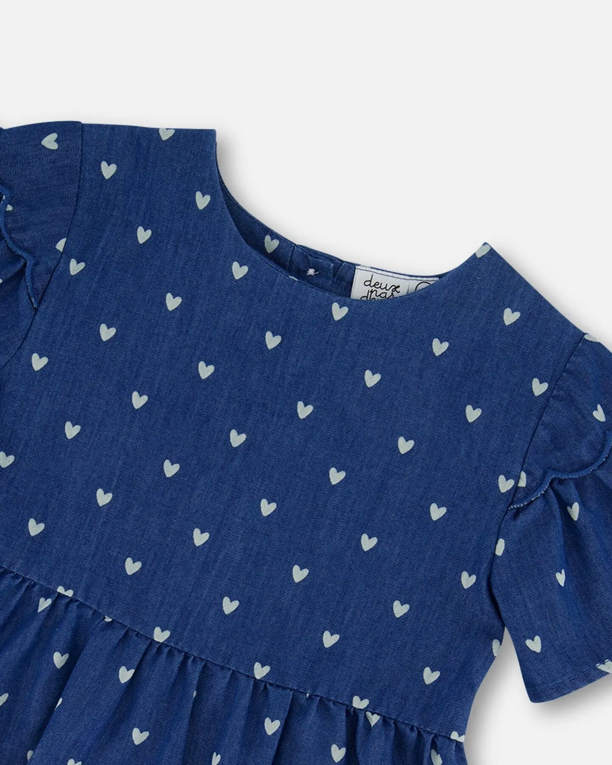 Printed Chambray Dress Navy Blue And White Hearts | Deux par Deux | Jenni Kidz