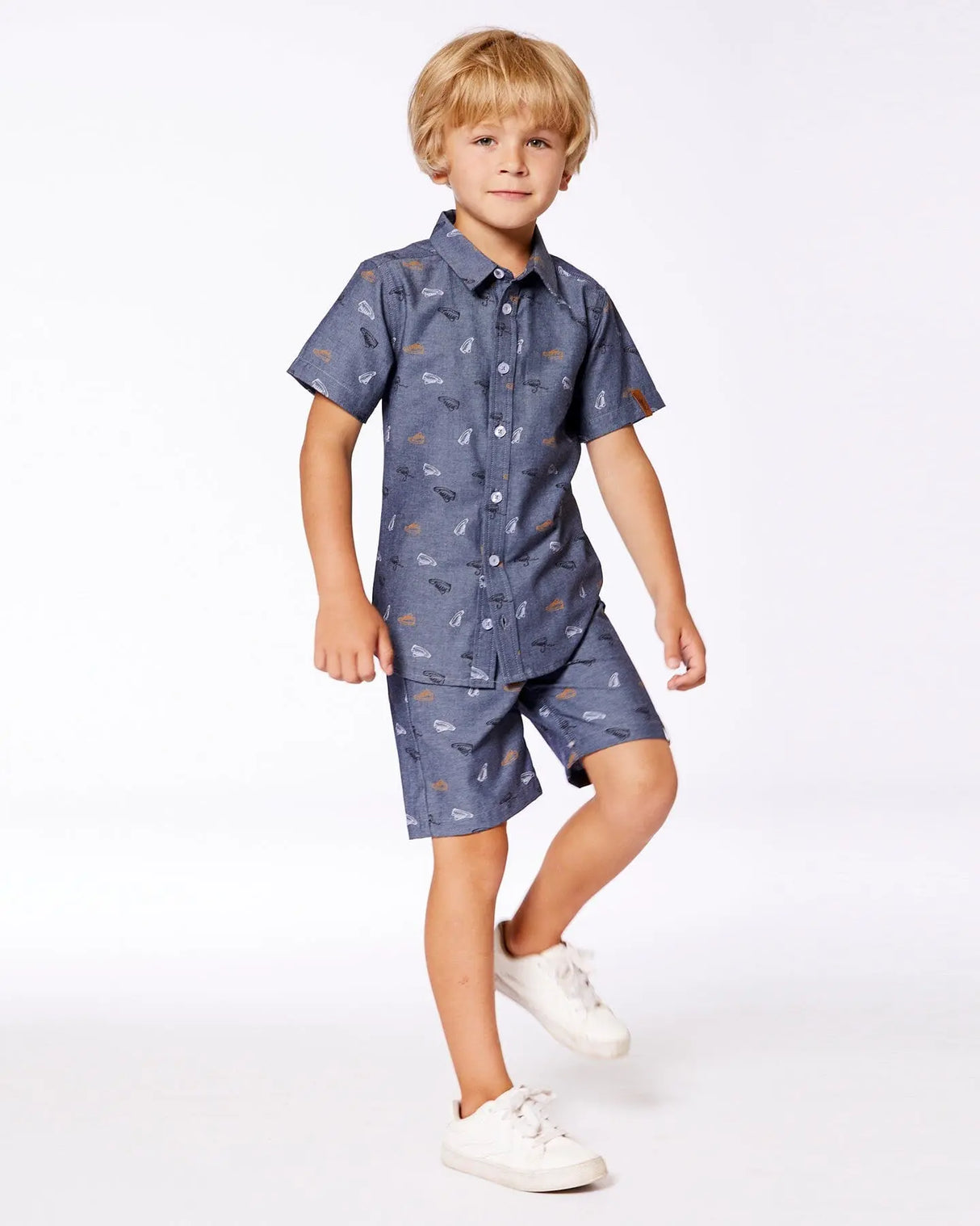 Printed Chambray Short Gray, White And Tan | Deux par Deux | Jenni Kidz