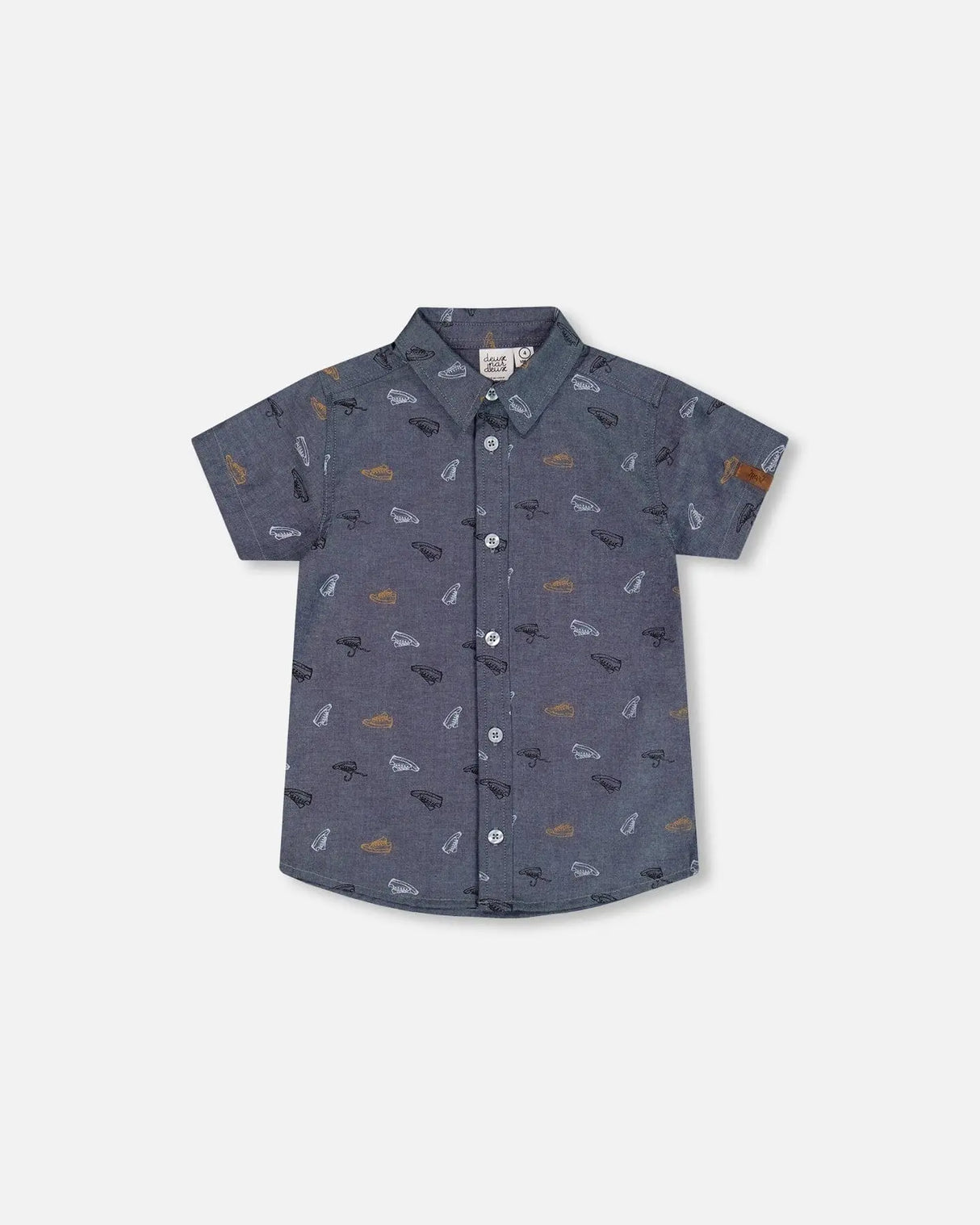 Printed Chambray Short Sleeve Shirt Gray, White And Tan | Deux par Deux | Jenni Kidz