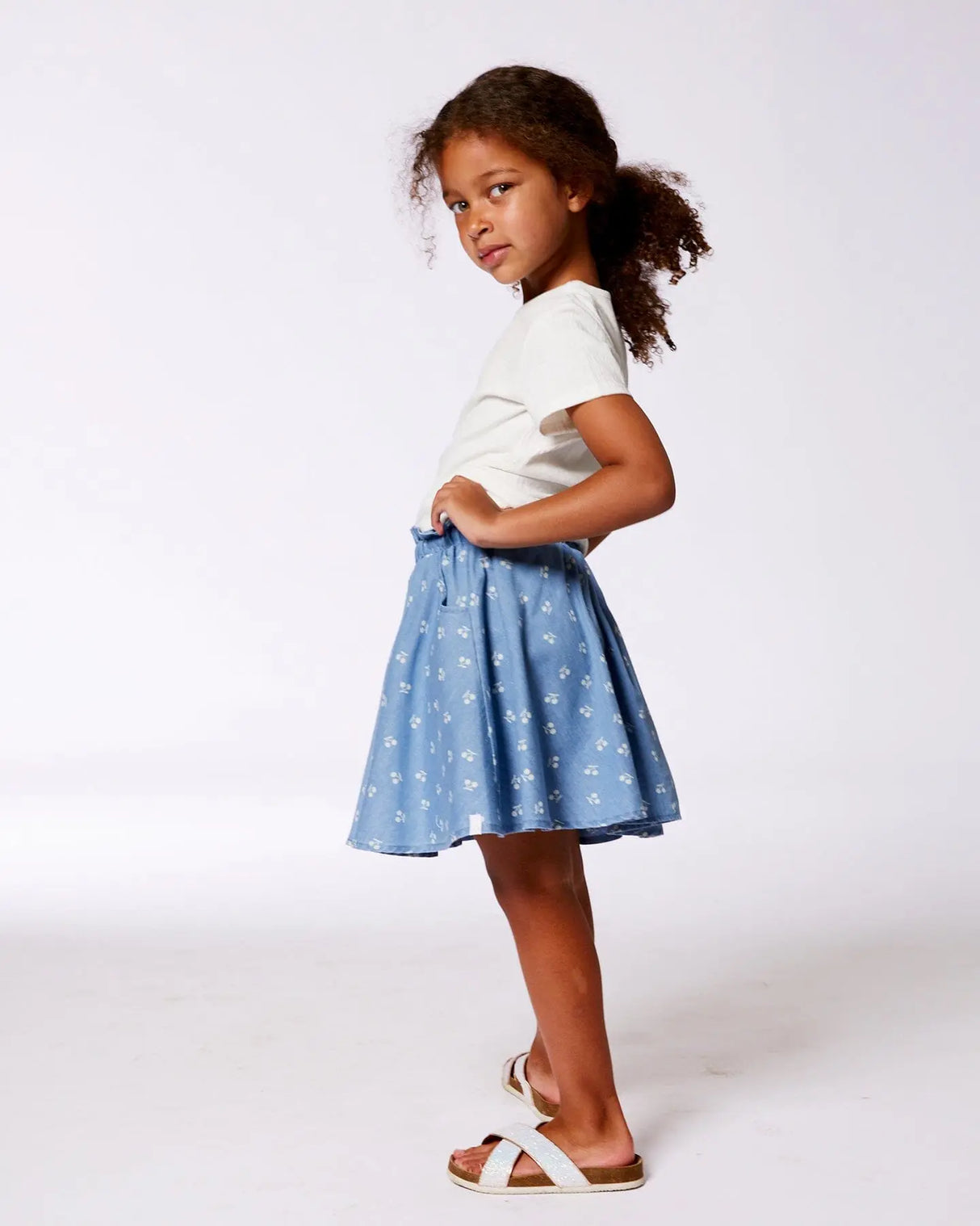 Printed Chambray Skort Blue And White Cherries | Deux par Deux | Jenni Kidz