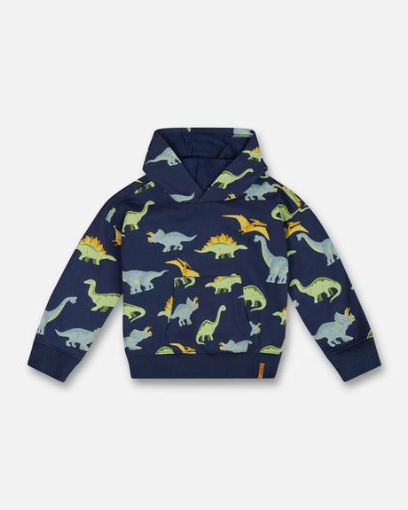 Printed Dino Fleece Hooded Sweatshirt Navy | Deux par Deux | Jenni Kidz