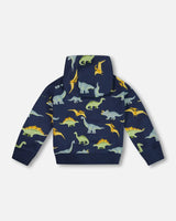 Printed Dino Fleece Hooded Sweatshirt Navy | Deux par Deux | Jenni Kidz