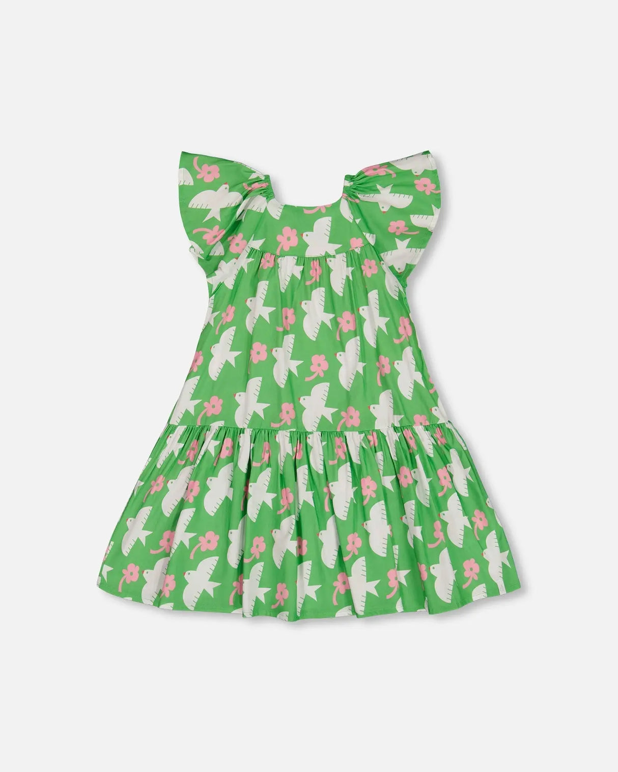 Printed Dress With Flounce Sleeves Green With White And Pink Bird | Deux par Deux | Jenni Kidz