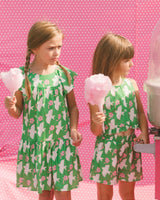 Printed Dress With Flounce Sleeves Green With White And Pink Bird | Deux par Deux | Jenni Kidz