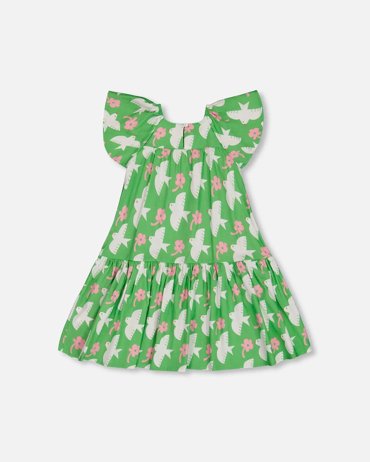 Printed Dress With Flounce Sleeves Green With White And Pink Bird | Deux par Deux | Jenni Kidz