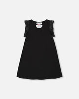 Printed Dress With Mesh Sleeves Black | Deux par Deux | Jenni Kidz